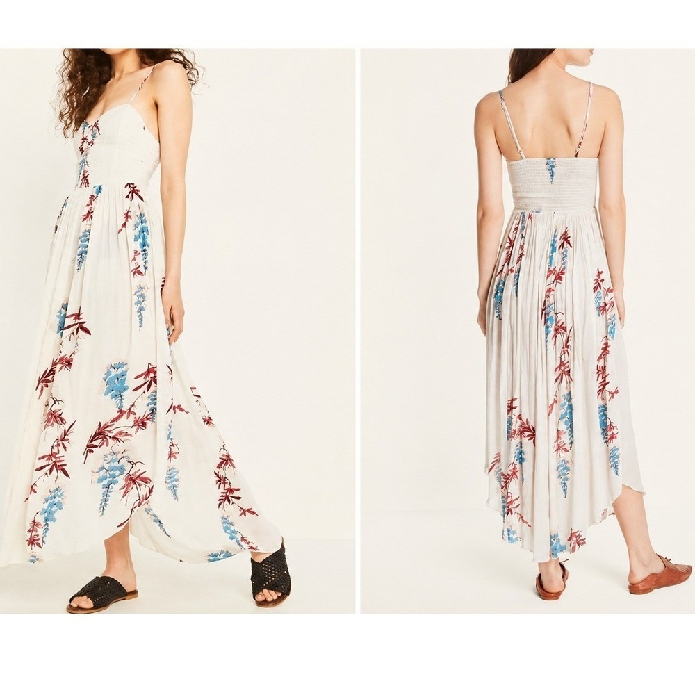 Free People Maxi Dress Womens Ivory Blue Red Floral Smocked Handkerchief Hem